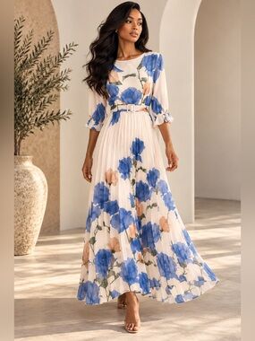 Pleated Floral Maxi Dress in Cream and Blue